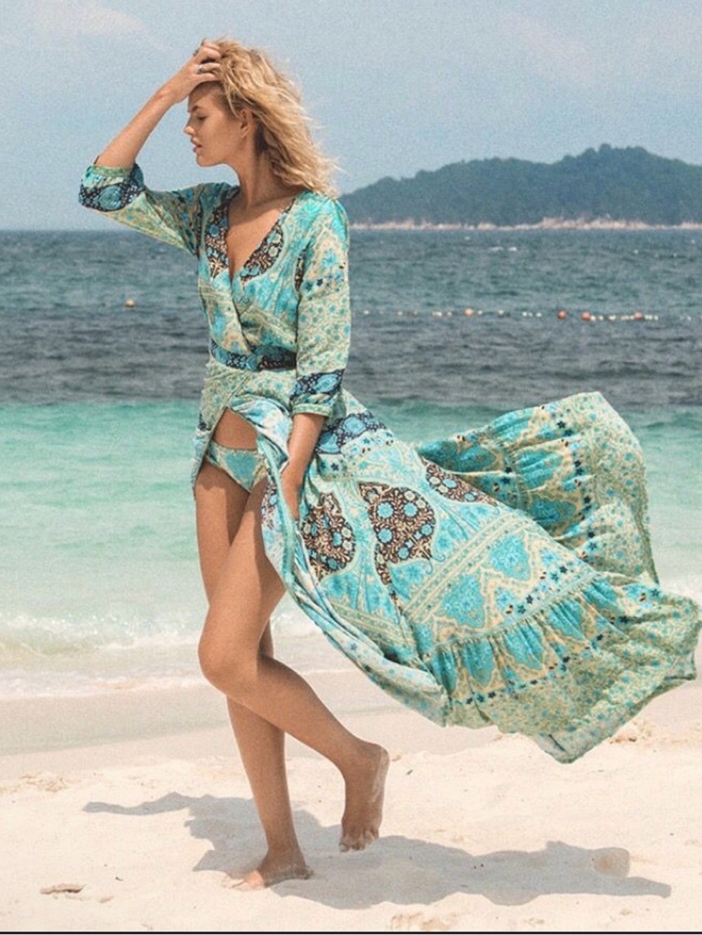 The Spell & The Gypsy Collective Aloha Fox Wrap Gown mermaid teal size S - Picture 4 of 8